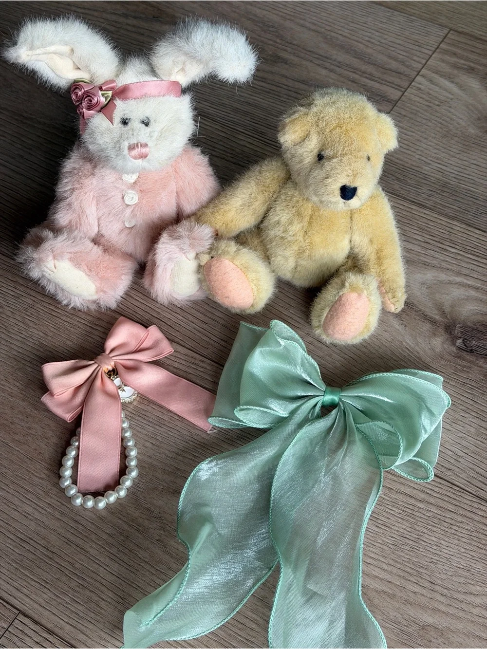 Plush Pink Bunny and Mint Bow Bear Pair - Kids Accessories